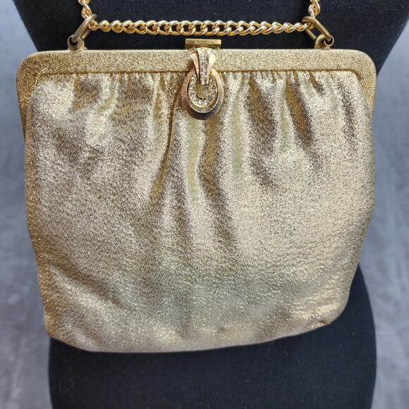 Vintage 60s 70s Gold Lame Evening Clutch Purse 6" Chain Strap Sparkly Holiday - Picture 5 of 16